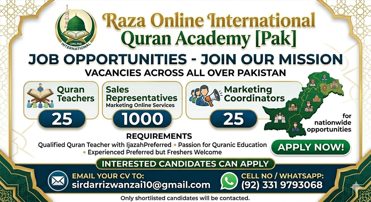 Jobs and career advertisement for Raziq International Quran Teaching Academy